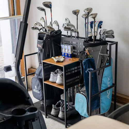 Vista 8 de Organizador de almacenamiento de golf Teal Triangle, almacenamiento gratuito para garaje resistente, contiene palos de golf, bolsas, accesorios