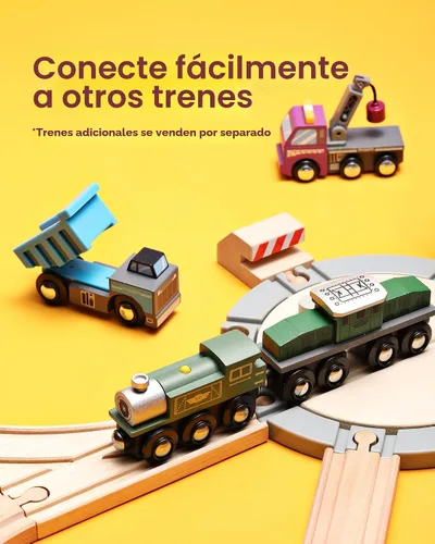 Vista 6 de Pista de tren de madera SainSmart Jr. con casa de locomotoras - Juguete ferroviario para niños pequeños, pistas de doble cara compatibles con todas