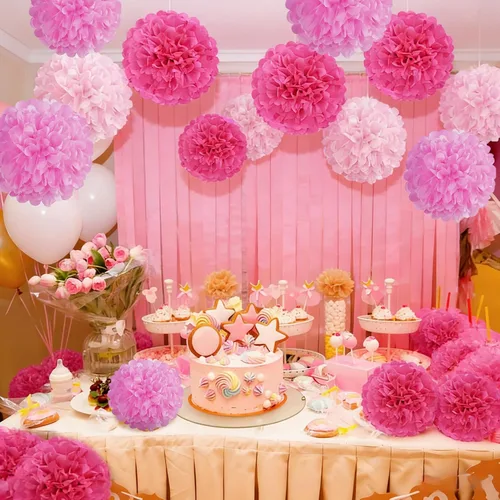 Vista 6 de Pompones de Papel de Flores Rosa Intenso Decoraciones Colgantes Bola de Flores Rosas para el Día de la Madre Baby Shower Boda Guardería Fiesta