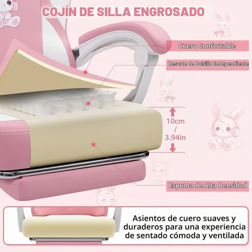 Vista 5 de Silla de juegos rosa para niñas y niños, sillas de computadora de masaje con lindo conejito Cute Silla Gamer 135° Reclining Game Cahir with