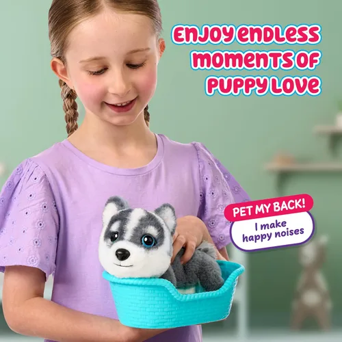 Vista 5 de Little Live Pets Mi cachorro realmente real Mini Aurora El Husky, juguete de peluche interactivo con cesta de exhibición, más de 20 sonidos