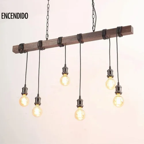 Vista 8 de Eoyemin Lámpara colgante de madera rústica con 6 luces de estilo rústico y retro, línea de suspensión industrial, se puede ajustar libremente