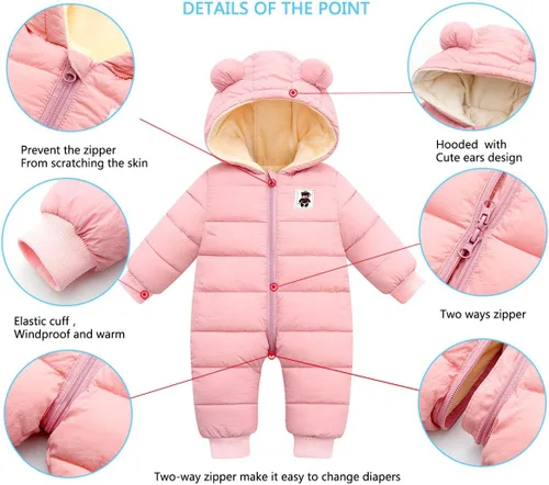 Vista 3 de Happy Cherry Traje de nieve con capucha para bebé, ropa de invierno con cremallera, manga larga, ropa de abrigo de algodón cálido de una pieza