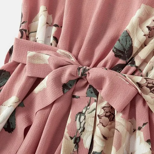 Vista 4 de Focamia Vestido de manga corta con volantes y cuello en V rosa para mamá y yo