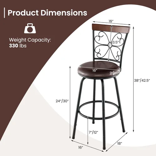 Vista 3 de COSTWAY Taburetes de bar para isla de cocina, taburetes de bar giratorios de altura de asiento ajustable de 24/30 pulgadas, asiento acolchado