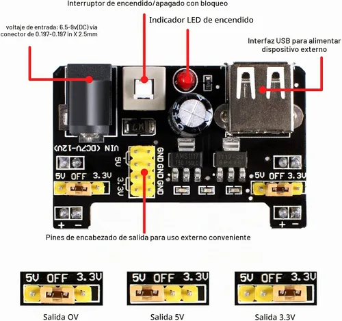Vista 3 de Miuzei - Kit de componentes electrónicos con tabla de cortar el pan Módulo de fuente de alimentación, cables de puente, potenciómetro