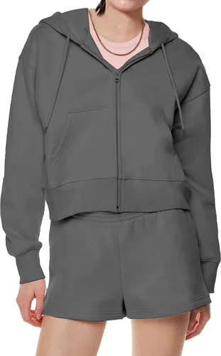 Vista 3 de PUWEI Chaqueta corta con capucha y cordón para mujer, casual, con cremallera, con bolsillos
