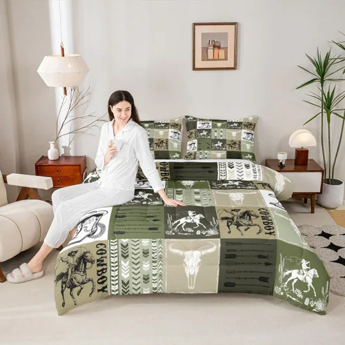 Vista 15 de Manfei Juego de edredón de vaquero occidental tamaño individual, juego de ropa de cama con estampado de calavera de toro, caballo y flecha, 2 piezas