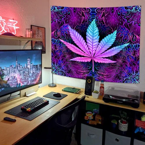 Vista 3 de Ptrxobj Tapiz de hojas mágicas, fresco Trippy neón morado teñido anudado, tapiz para colgar en la pared para dormitorio de hombres, tapiz hippie