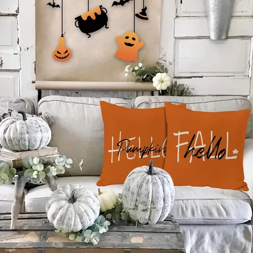 Vista 2 de JOOCAR Juego de 2 fundas de almohada de otoño, con texto en inglés «Hello Pumpkin», «Hello Fall», fundas decorativas de lino para sofá, decoración