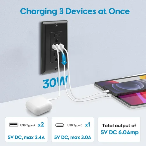 Vista 2 de ECOELER Receptáculo de Tomacorriente USB Negro de 3 Puertos, Tomacorriente de Pared USB C de 6.0A 30W, Enchufe Resistente a Manipulaciones de 15