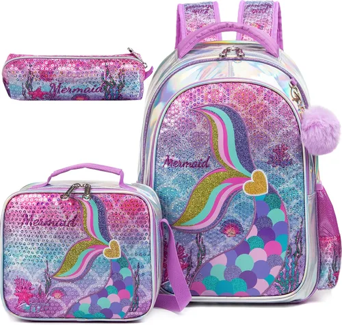 Vista 12 de Mochila para niñas de 16 pulgadas, mochilas para niñas para la escuela, mochila de lentejuelas con lonchera para estudiantes de primaria