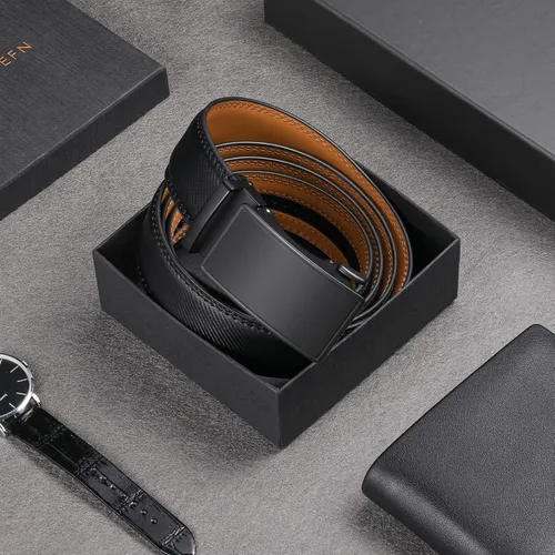 Vista 6 de SENDEFN Cinturón de cuero para hombre con hebilla de trinquete automática, cinturones casuales de 1 38 pulgadas de ancho, ribete ajustable