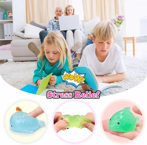 Vista 4 de 4 piezas de juguetes blandos Jumbo Glitter Mochi para niños, juguetes Kawaii, juguetes sensoriales de animales marinos para premios de clase