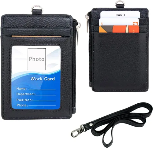 Vista 35 de Boshiho. Funda vertical, de piel, para tarjeta de identificación con cordón resistente., Negro