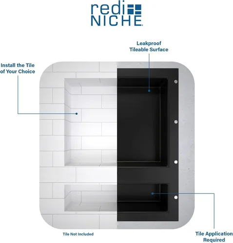 Vista 5 de Redi Niche - Estante de ducha empotrado triple nicho negro, tres estantes interiores, 32 pulgadas de ancho x 20 pulgadas de alto x 4 pulgadas