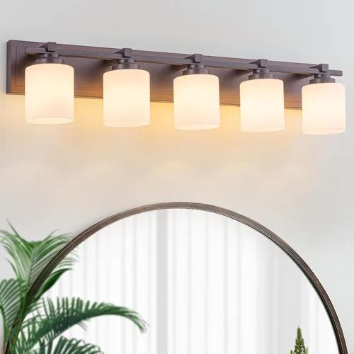Vista 32 de 1 Luminaria Moderna de Baño sobre Espejo, Luces de Tocador Negro Dorado para Apliques de Pared de Baño con Pantallas de Vidrio Blanco Lechoso