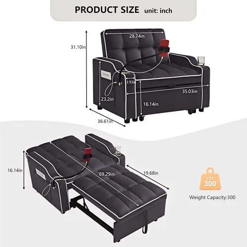 Vista 2 de Sofá cama extraíble pequeño de 69 pulgadas, sofá cama convertible 3 en 1, respaldo ajustable con soporte para teléfono, bolsillo lateral y puerto