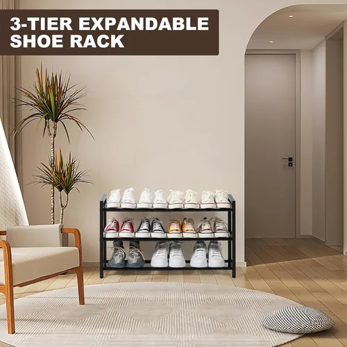 Vista 3 de SALADAYS Zapatero expandible de 3 niveles, organizador de almacenamiento de zapatos ajustable, estructura de metal resistente y duradera, zapatero
