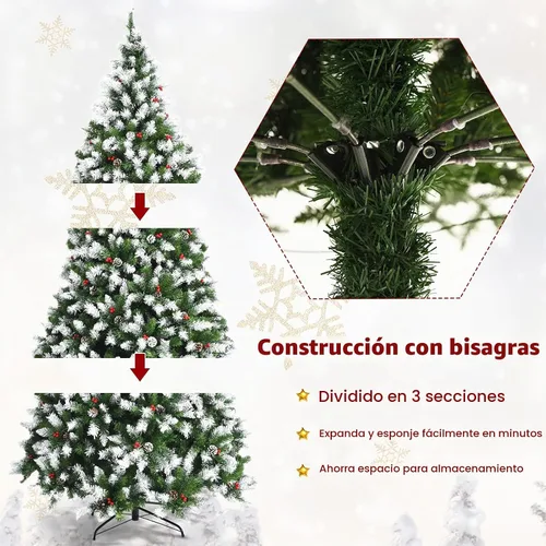 Vista 6 de Goplus - Árbol de Navidad artificial preiluminado de 1.8 m con bisagras, cubierto de nieve, con piñas, bayas rojas y 250 luces LED, 8 modos