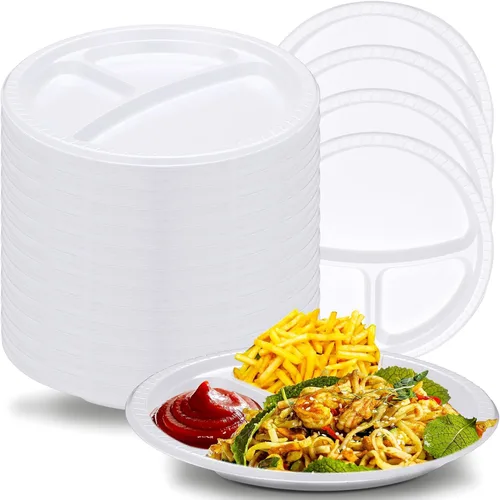 Vista 18 de Umigy 100 platos de plástico divididos de 10 pulgadas, 3 compartimentos, a granel, colorido, desechable, resistente, vajilla redonda para San Negro