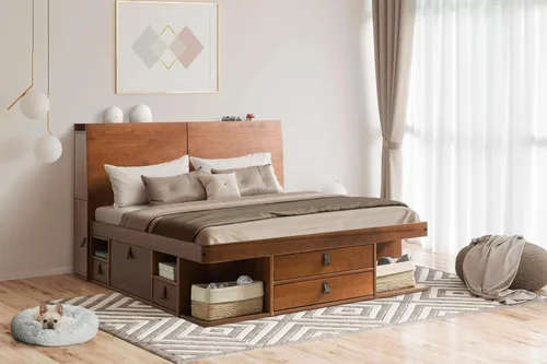 Vista 17 de Memomad Bali Set: Plataforma de almacenamiento con cajones + Cabecera con estantería (Tamaño individual, madera color marrón caramelo)