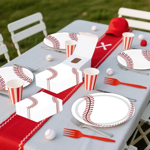 Vista 6 de 96 platos de papel de béisbol y servilletas para fiesta, platos de fiesta de béisbol, servilletas y tenedores, juego de vajilla desechable