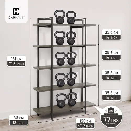 Vista 3 de CAPHAUS Estantería de 5 niveles, estantería industrial vintage de 71 pulgadas de alto con estantería abierta, estantería de madera y metal, Gris