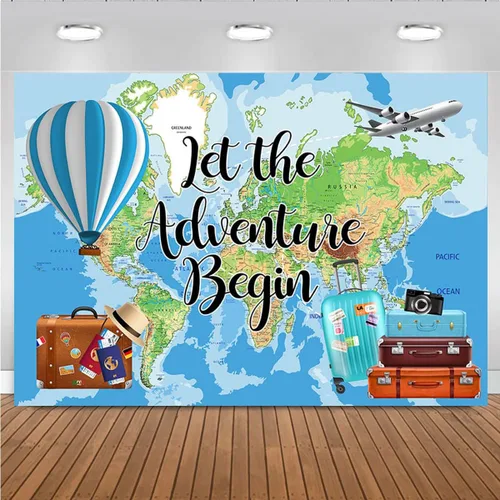 Vista 4 de Let The Adventure Begin - Fondo de fotografía de fondo de gira mundial, mapa, maleta de avión, decoraciones de fiesta de cumpleaños, globo