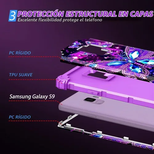 Vista 3 de Casetego Funda para Galaxy S9, que brilla en la oscuridad, tres capas, resistente, a prueba de golpes, policarbonato duro+silicona suave Púrpura