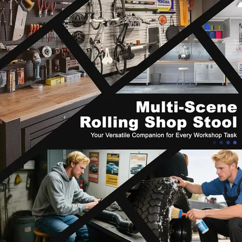Vista 8 de Rolling Shop Taburete con ruedas, silla de taller mecánico de garaje con respaldo de asa, taburete de trabajo de altura ajustable, asiento
