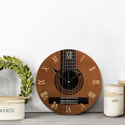Vista 5 de Reloj de pared con aspecto de madera natural, reloj de pared de guitarra acústica, silencioso, redondo, de madera, funciona con pilas, reloj