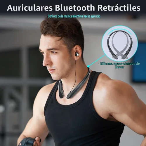 Vista 4 de Auriculares Bluetooth con banda para el cuello con cables retráctiles, batería de 24 horas, auriculares inalámbricos IPX5 a prueba de sudor, sonido