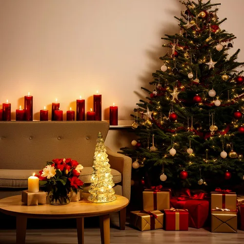 Vista 6 de Árbol de Navidad de vidrio decorativo con luz LED: 13.5" de alto, adorno de mesa de batería para las fiestas, decoración navideña de vidrio