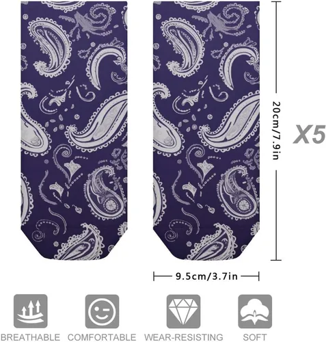 Vista 3 de Calcetines tobilleros unisex con estampado de cachemira blanca y azul marino, 5 pares