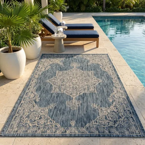 Vista 53 de Unique Loom Alfombra de la colección tradicional para exteriores, antigua (4 pies 1 pulgada, redonda, verde azulado/gris)