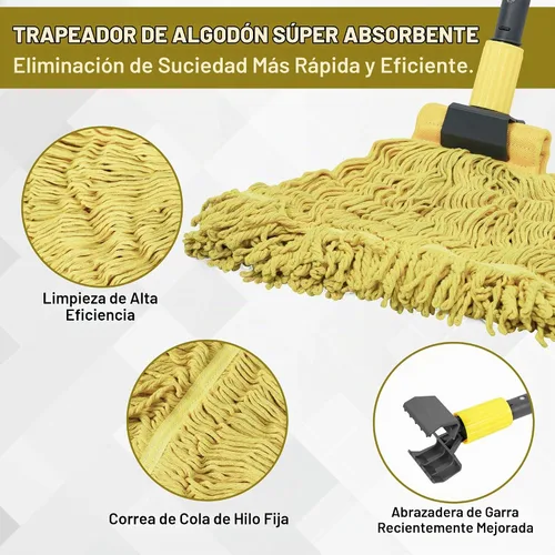 Vista 3 de JEHONN Trapeador comercial industrial resistente con mango de 57.5 pulgadas de largo, trapeador profesional de algodón húmedo seco para limpiar