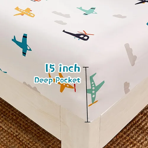 Vista 4 de JSD Airplane Juego de Sábanas para Niños Tamaño Twin, 3 Piezas de Microfibra Suave Impresa, Sábanas con Bolsillo Profundo