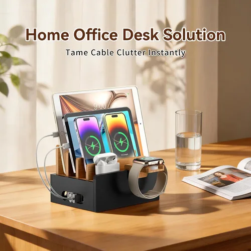 Vista 5 de Pezin & Hulin Estación de carga de bambú para múltiples dispositivos con cargador USB de 5 puertos, 5 cables, soporte para reloj inteligente