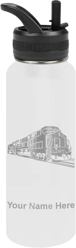 Vista 56 de LaserGram Botella de agua personalizada, tren de carga, acero inoxidable de doble pared aislada al vacío con popote superior, regalo grabado Negro