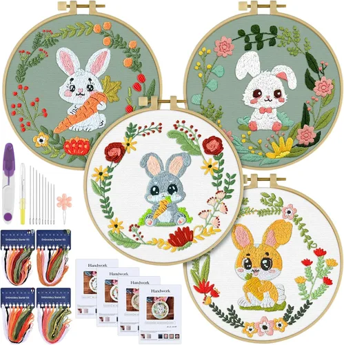 Vista 12 de ERKOON 4 Kits de Bordado, Juego de Punto de Cruz de Animales que Incluye Tela de Bordado, Aros, Hilos para Amantes de las Manualidades, Puntada a
