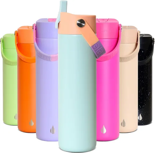 Vista 55 de Elemental Botella de agua aislada de 24 onzas con popote, botellas de agua con núcleo de acero inoxidable 100% a prueba de fugas para viajes, Beige