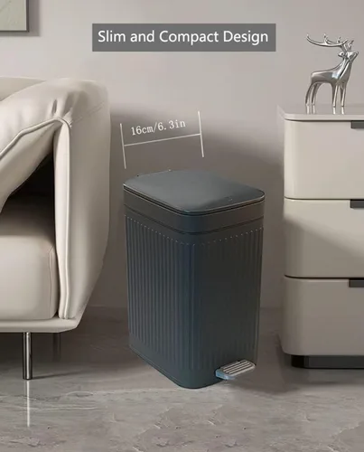 Vista 5 de Feisco Cubo de basura pequeño con tapa, cubo de basura pequeño para baño con pedal y tapa tipo prensa, cubo de basura delgado para cocina, baño, Gris