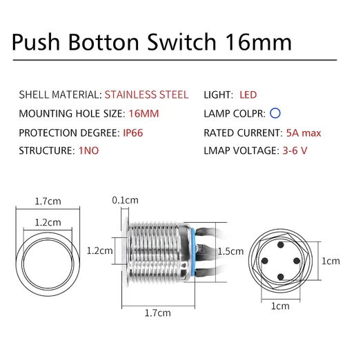 Vista 6 de YACSEJAO Interruptor de chasis de 16 mm Botón metálico para computadora de escritorio Cable de interruptor de alimentación LED Botón
