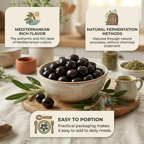 Vista 4 de Marmarabirlik Aceitunas negras enlatadas, aceitunas turcas en salmuera, recogidas a mano, aperitivos saludables, sabor vegano y mediterráneo
