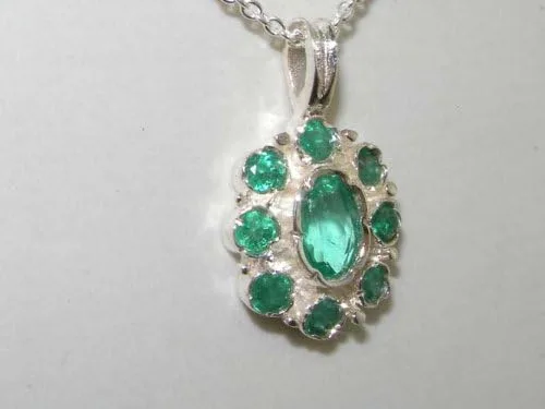 Vista 8 de Ladies Solid 925 Sterling Silver Natural Emerald Pendant Necklace with English Hallmarks