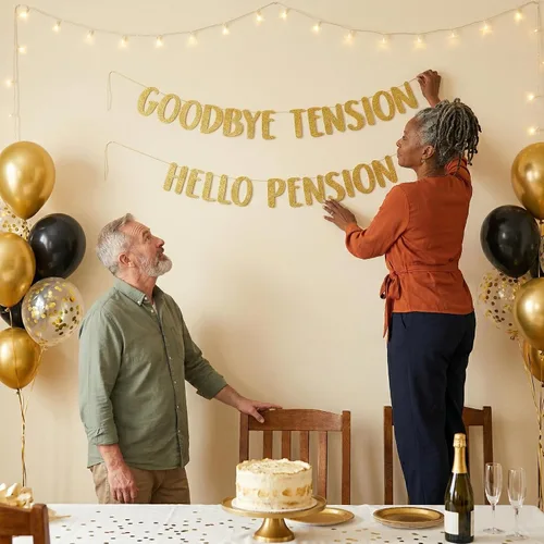 Vista 7 de Cartel de purpurina dorada preencordada de Goodbye Tension Hello Pension - Divertidas decoraciones de jubilación para hombres y mujeres