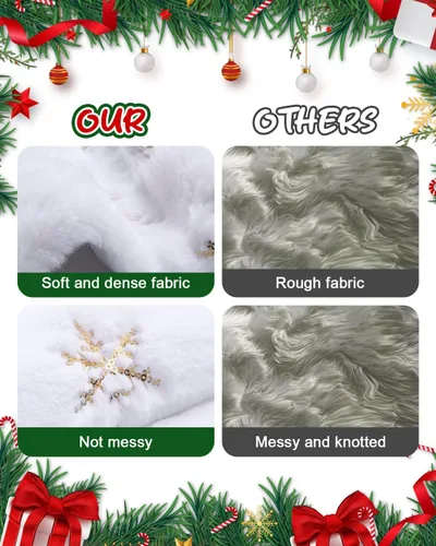 Vista 7 de Falda de árbol de Navidad de 36 pulgadas, falda de árbol de piel sintética blanca con copos de nieve dorados, tapete de árbol de Navidad suave