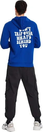 Vista 4 de SOLY HUX Sudadera con capucha para hombre con estampado de letras, manga larga, bolsillo con cordón, Azul