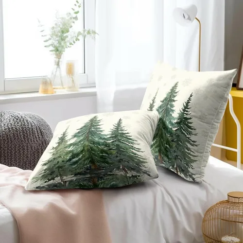 Vista 8 de Fundas de Almohada de Bosque de Pinos 22x22 Juego de 2, Fundas de Almohada Decorativas de Árboles de Abeto y Cedro Verde Nieve Beige de Invierno